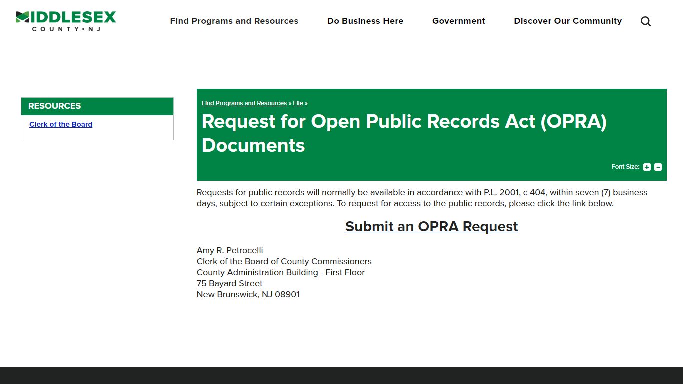 Request for Open Public Records Act (OPRA) Documents - Middlesex County NJ